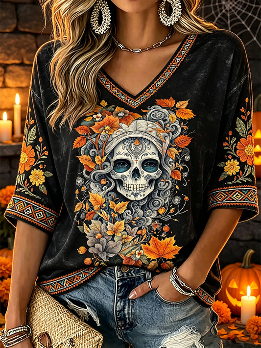 Women's Day of the Dead Plant And Flower Pattern Printed Casual Mid-length Sleeves V-Neck T-Shirt