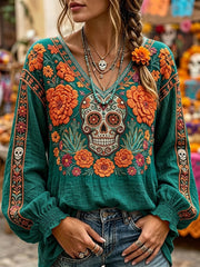 Women's Day Of The Dead Sugar Skull Mexican Floral Print Cotton-Linen Shirt