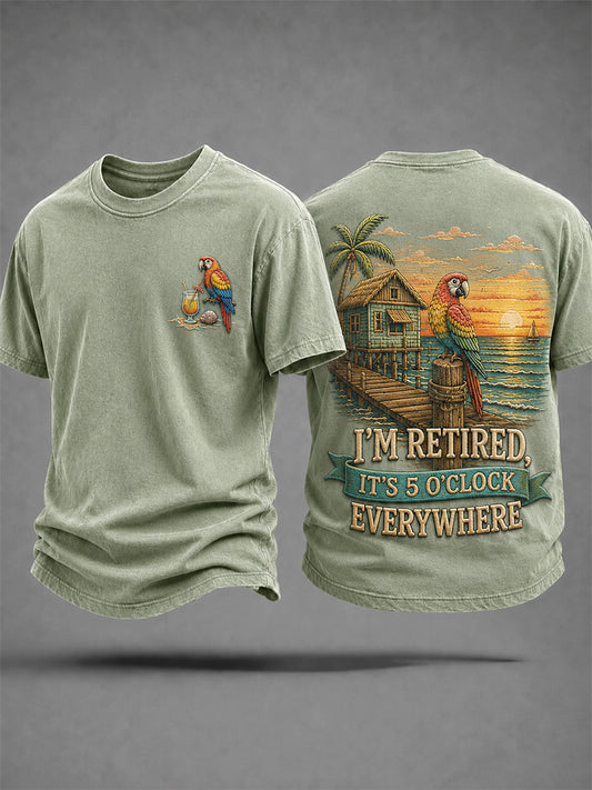 Men's I'm Retired It's 5 O'clock Everywhere Parrot Print Casual Tee
