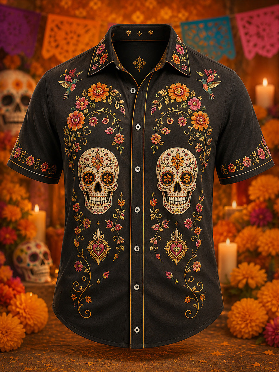 Men's Mexico Day of The Dead Art Print Casual Shirt