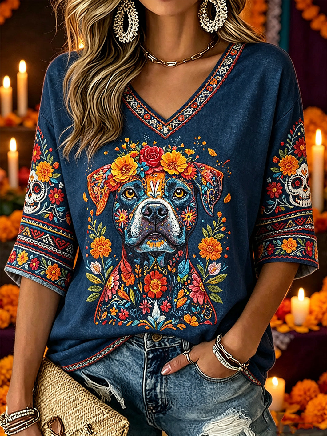 Women's Day of the Dead Plant And Flower Pattern Printed Casual Mid-length Sleeves V-Neck T-Shirt