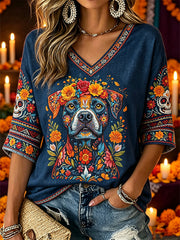 Women's Day of the Dead Plant And Flower Pattern Printed Casual Mid-length Sleeves V-Neck T-Shirt