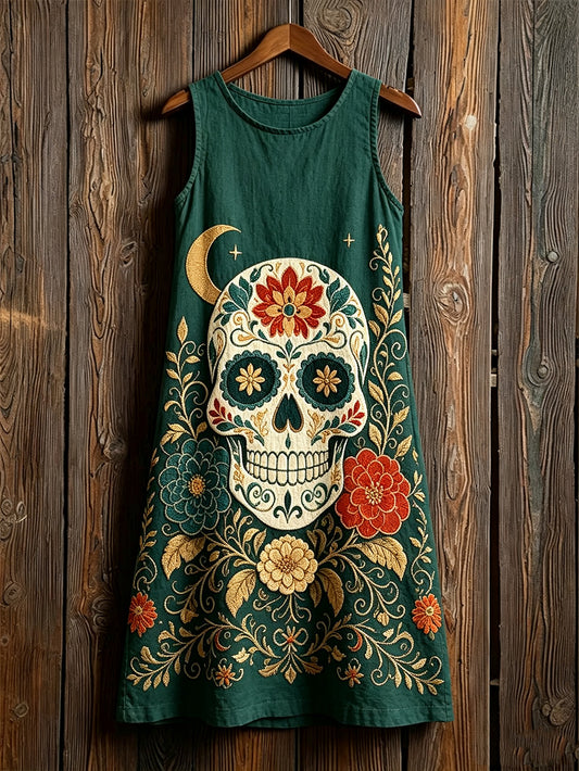 Women's Day of the Dead Plant And Flower Pattern Printed Casual Sleeveless Dresses