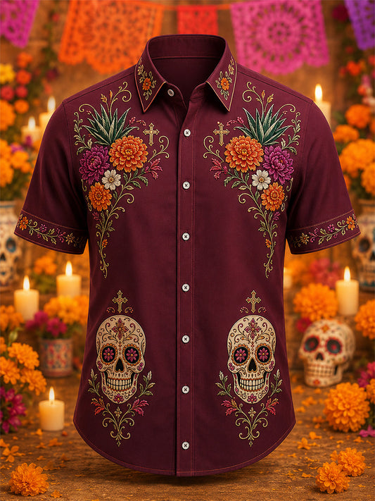 Men's Mexico Day of The Dead Art Print Casual Shirt