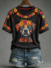 Women's Day of the Dead Plant And Flower Pattern Printed Casual Short Sleeve T-shirt