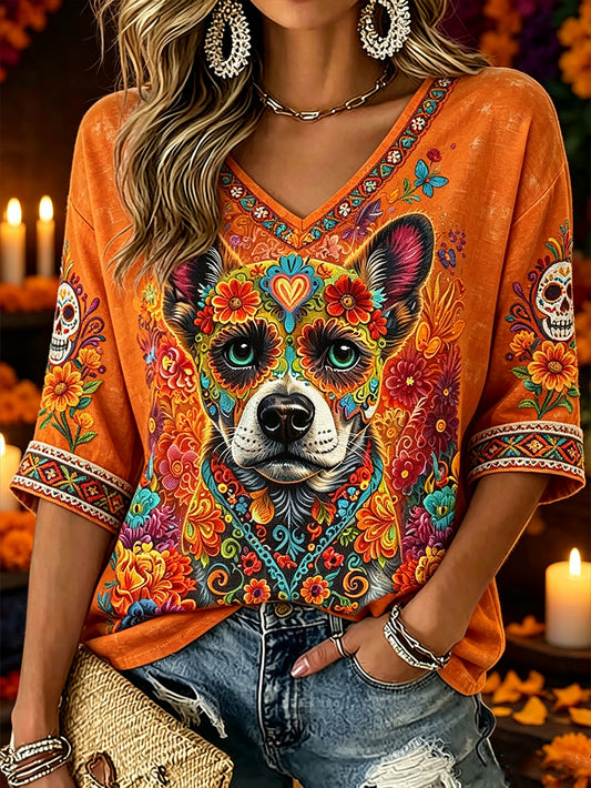 Women's Day of the Dead Plant And Flower Pattern Printed Casual Mid-length Sleeves V-Neck T-Shirt