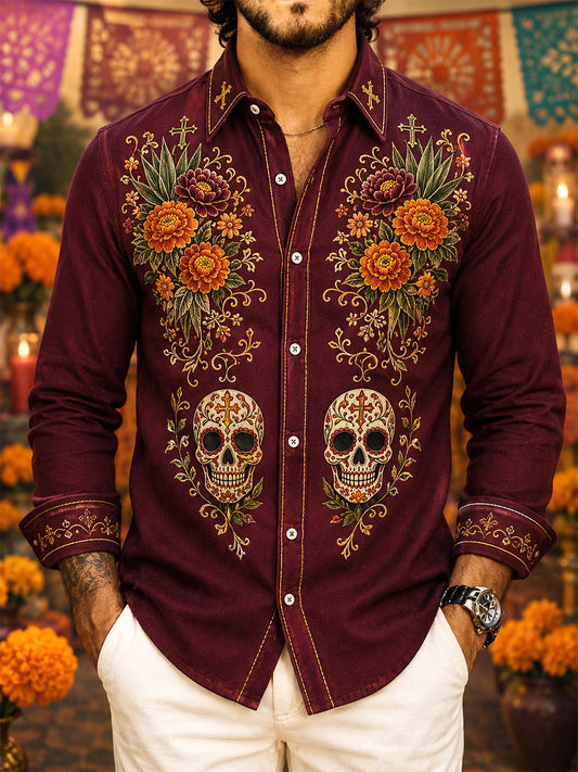 Men's Mexico Day of The Dead Art Print Casual Shirt