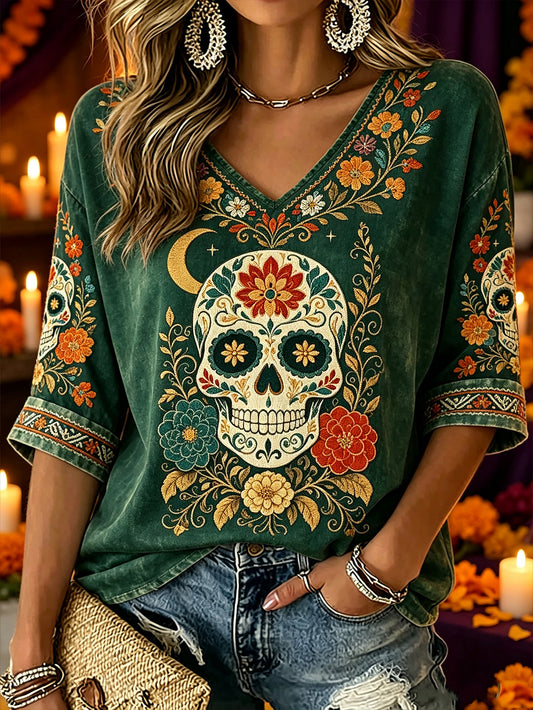 Women's Day of the Dead Plant And Flower Pattern Printed Casual Mid-length Sleeves V-Neck T-Shirt