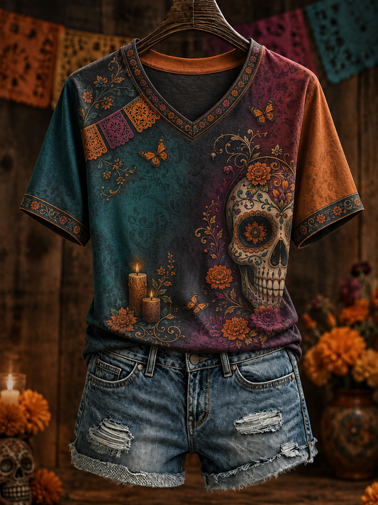 Women's Mexico Day of The Dead Floral Art Printed short-sleeved T-shirt