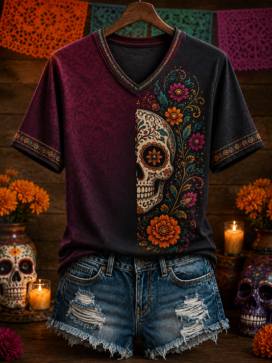 Women's Mexico Day of The Dead Floral Art Printed short-sleeved T-shirt