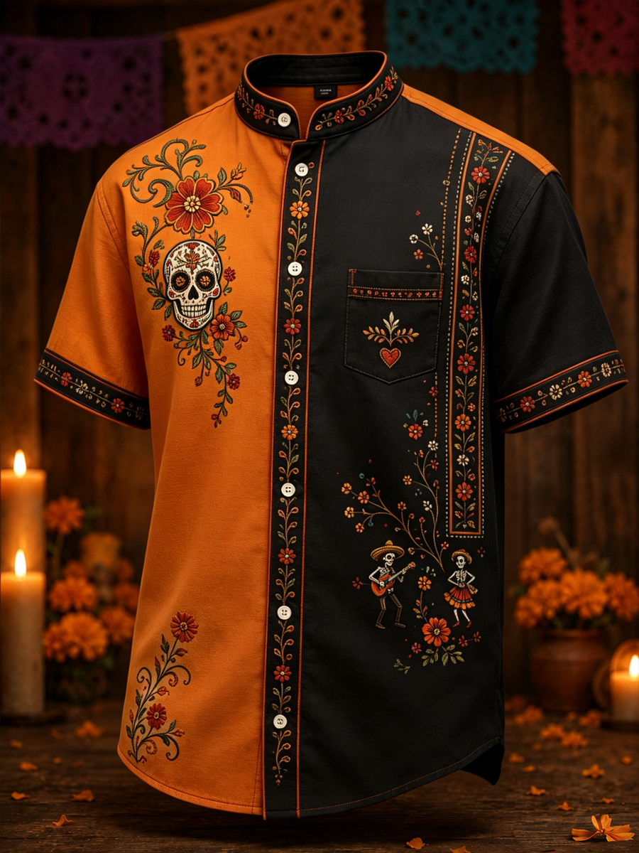 Men's Mexico Day of The Dead Floral Art Printed Cotton-linen collar short-sleeved shirt