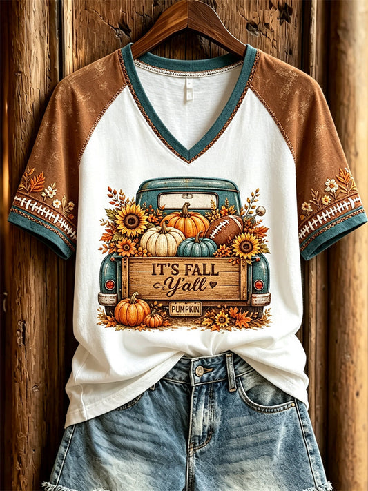 Women's It's Fall Y'all Football & Fall Pumpkins Floral Truck Print short-sleeved T-shirt