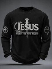 Men's Jesus The Way The Truth The Life John 14:6 Cross Graphic Waffle Long Sleeve T-Shirt