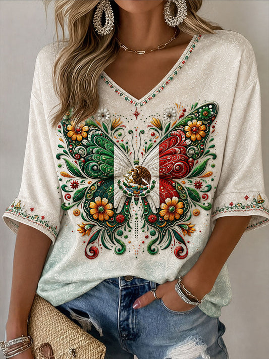 Women's Mexico Independence Day Art Printed Linen T-shirt