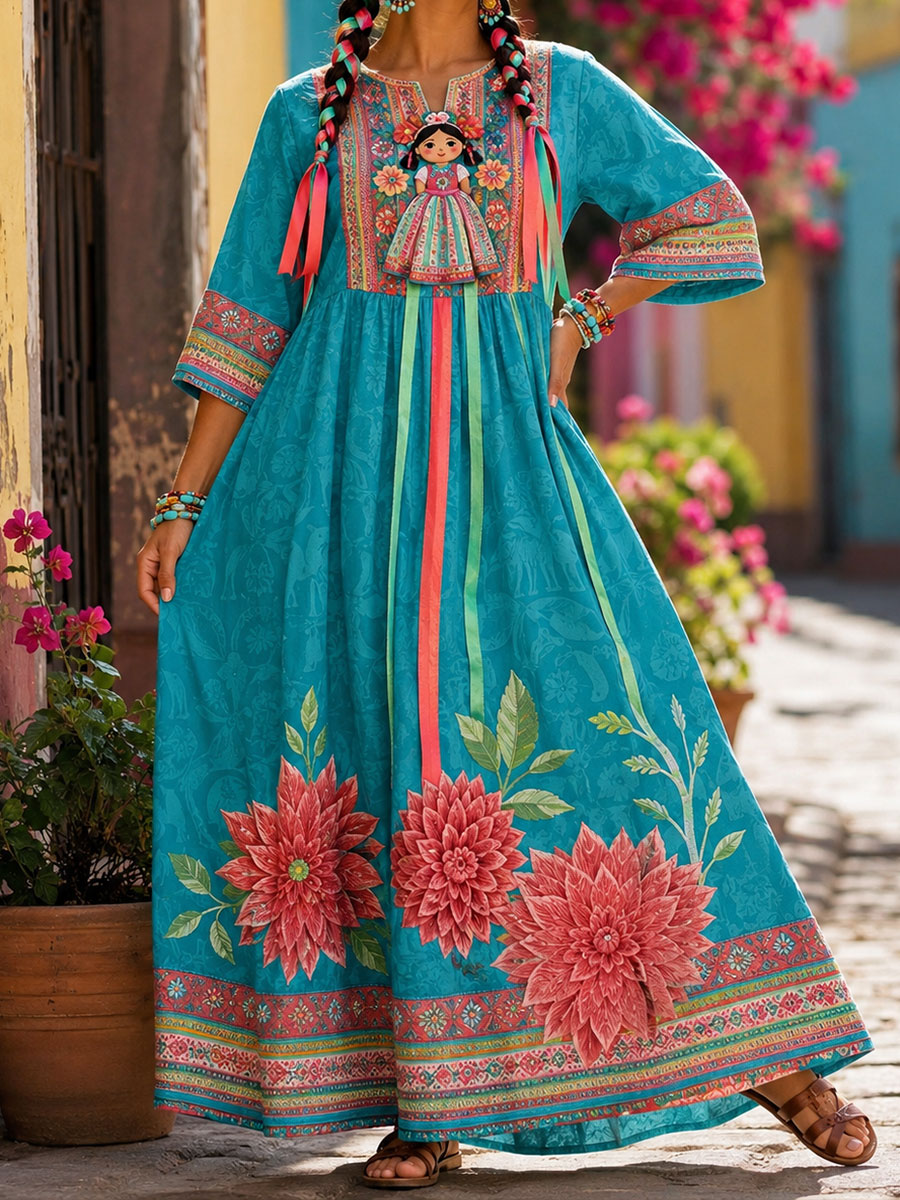 Women's Mexico Lele Doll Floral Art Printed Linen Dress