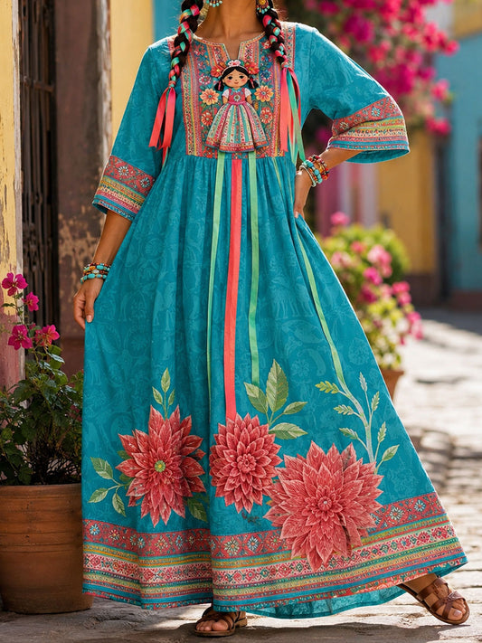 Women's Mexico Lele Doll Floral Art Printed Linen Dress