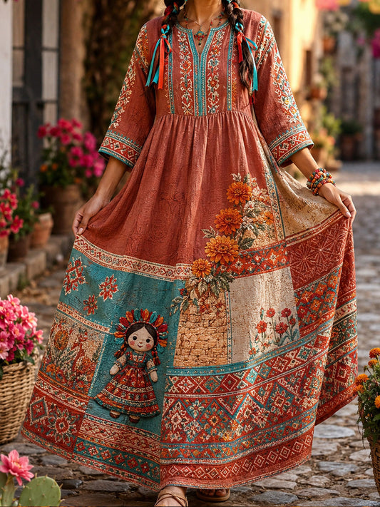 Women's Mexico Lele Doll Floral Art Printed Linen Dress