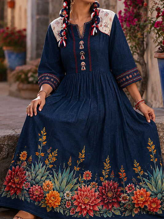 Women's Mexico Lele Doll Floral Art Printed Linen Dress