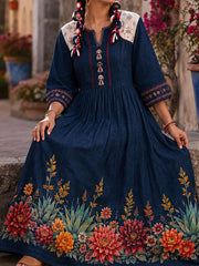 Women's Mexico Lele Doll Floral Art Printed Linen Dress