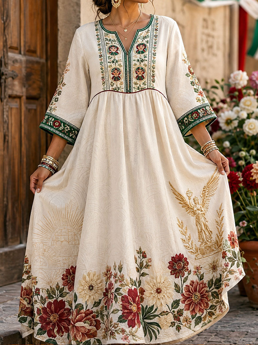 Women's Mexico Lele Doll Floral Art Printed Linen Dress