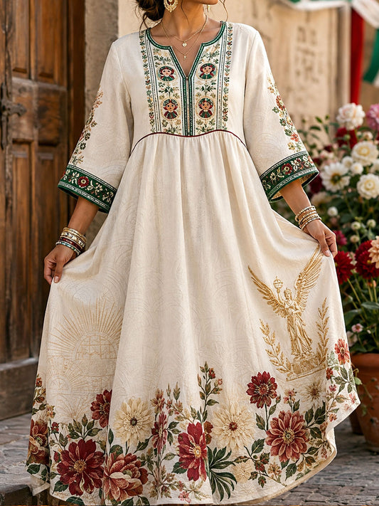 Women's Mexico Lele Doll Floral Art Printed Linen Dress