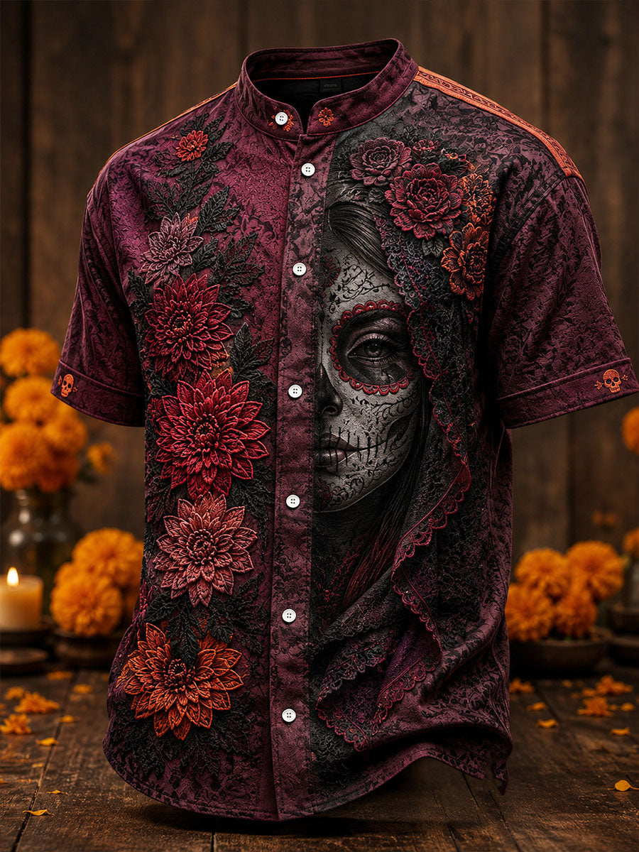 Men's Mexico Day of The Dead Floral Art Printed Linen Shirt