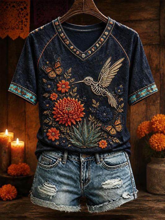 Women's Mexico Day of The Dead Floral Art Printed T-shirt
