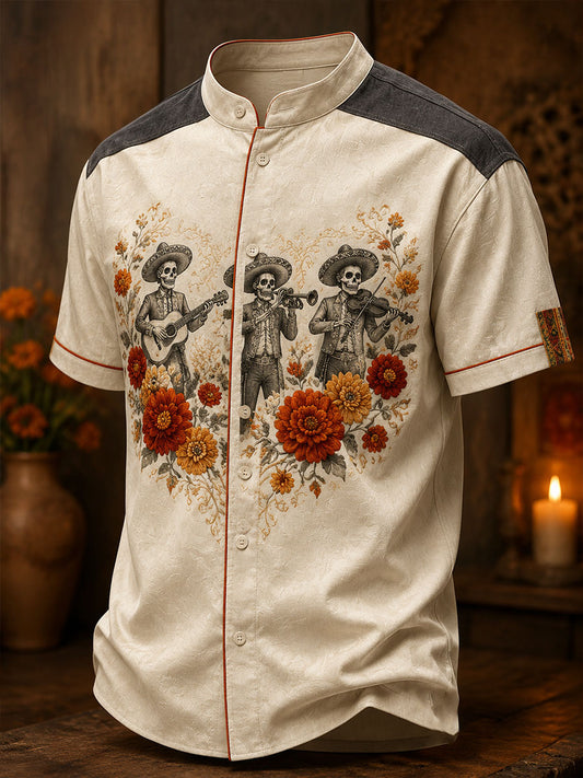 Men's Mexico Day of The Dead Floral Art Printed Linen Shirt