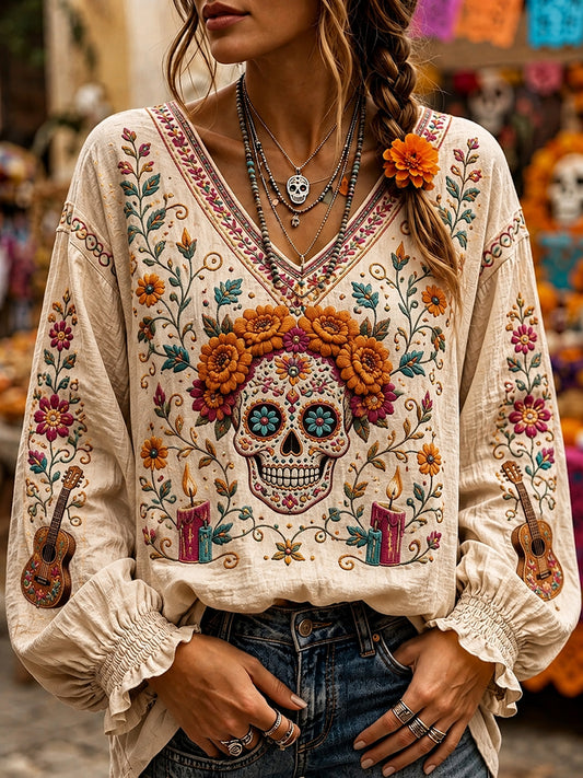 Women's Day Of The Dead Sugar Skull Mexican Floral Print Comfy V Neck Shirt