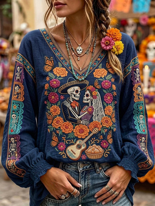 Women's Day Of The Dead Sugar Skull Mexican Floral Print Comfy V Neck Shirt
