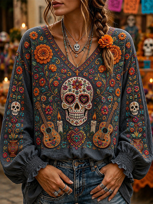 Women's Day Of The Dead Sugar Skull Mexican Floral Print Comfy V Neck Shirt