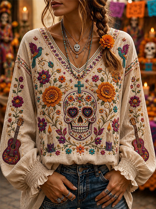 Women's Day Of The Dead Sugar Skull Mexican Floral Print Comfy V Neck Shirt