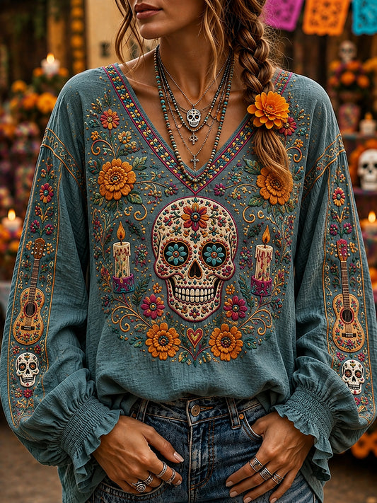 Women's Day Of The Dead Sugar Skull Mexican Floral Print Comfy V Neck Shirt