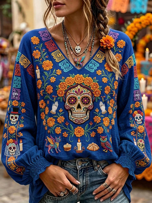 Women's Day Of The Dead Sugar Skull Mexican Floral Print Comfy V Neck Shirt