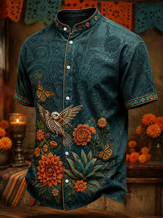 Men's Mexico Day of The Dead Floral Art Printed Linen Shirt
