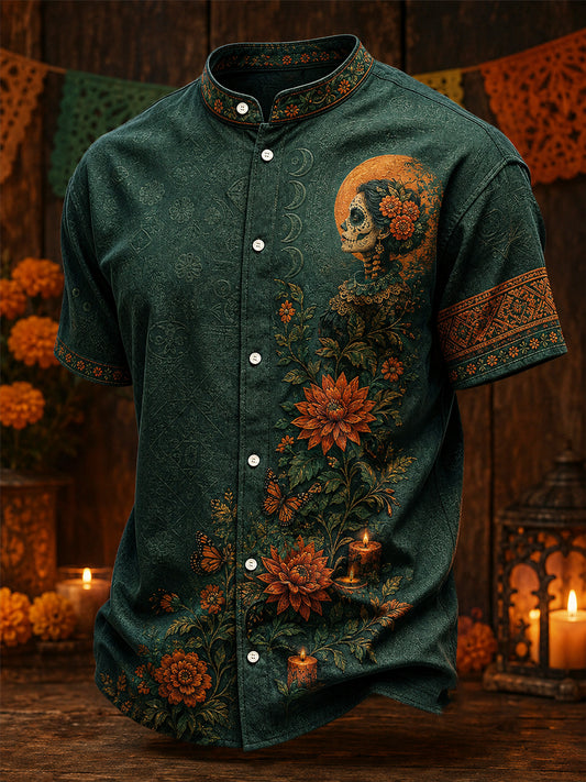 Men's Mexico Day of The Dead Floral Art Printed Linen Shirt
