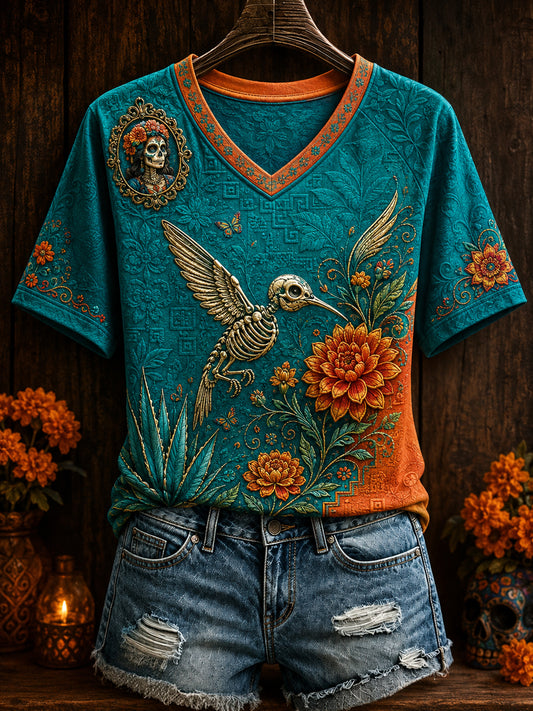 Women's Mexico Day of The Dead Floral Art Printed T-shirt