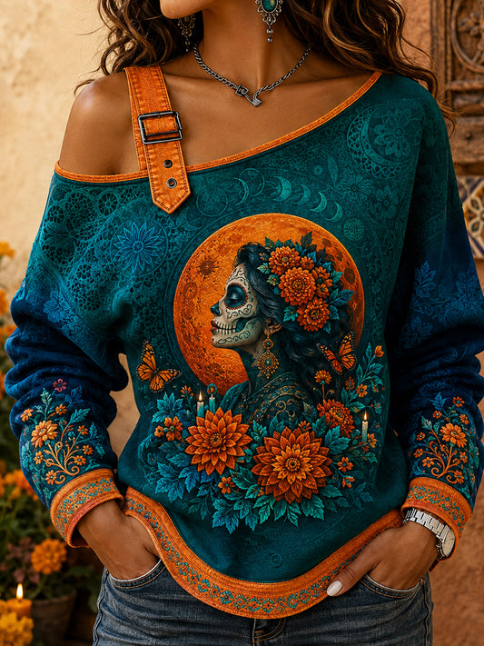 Women's Mexico Day of The Dead Floral Art Printed Off-Shoulder Sweatshirt