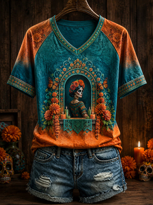 Women's Mexico Day of The Dead Floral Art Printed T-shirt