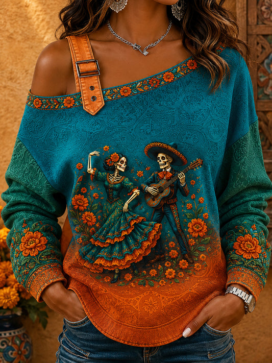 Women's Mexico Day of The Dead Floral Art Printed Off-Shoulder Sweatshirt