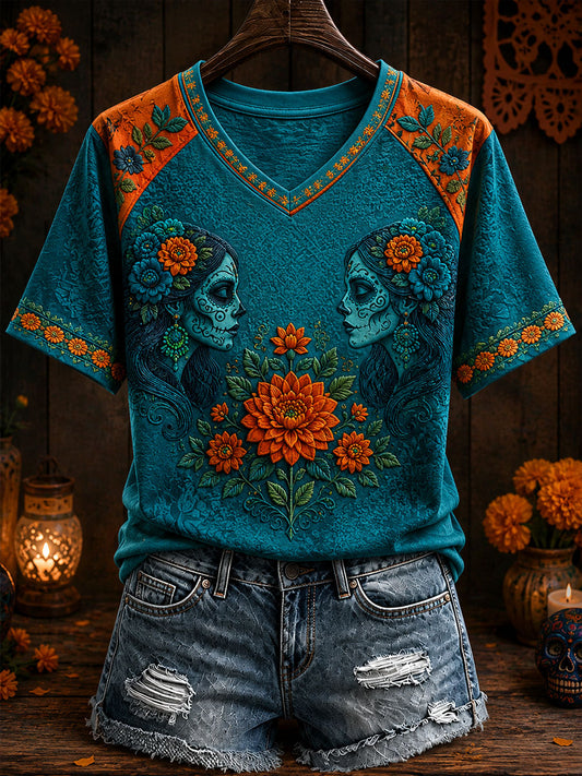 Women’s Mexico Day of The Dead Floral Art Printed T-shirt