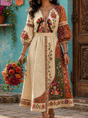 Women's Mexico Lele Doll Floral Art Printed Linen Dress
