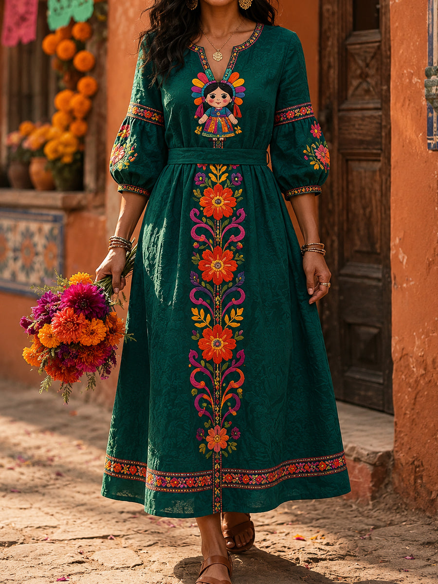 Women's Mexico Lele Doll Floral Art Printed Linen Dress