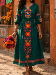 Women's Mexico Lele Doll Floral Art Printed Linen Dress