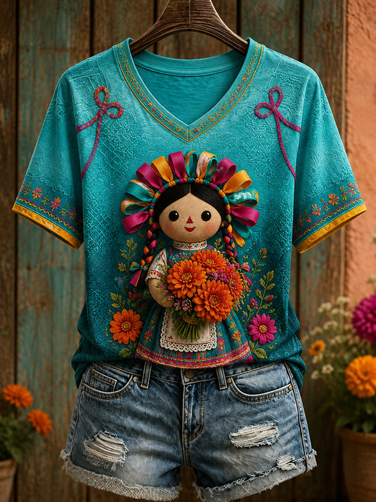 Women's Mexico Lele Doll Floral Art Printed T-shirt