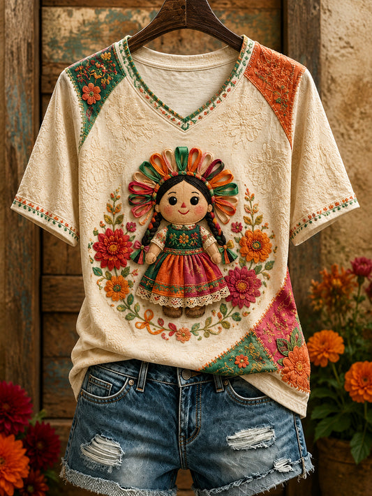 Women's Mexico Lele Doll Floral Art Printed T-shirt