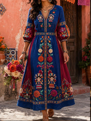 Women's Mexico Lele Doll Floral Art Printed Linen Dress