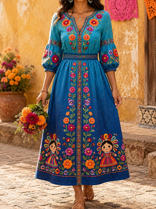 Women's Mexico Lele Doll Floral Art Printed Linen Dress