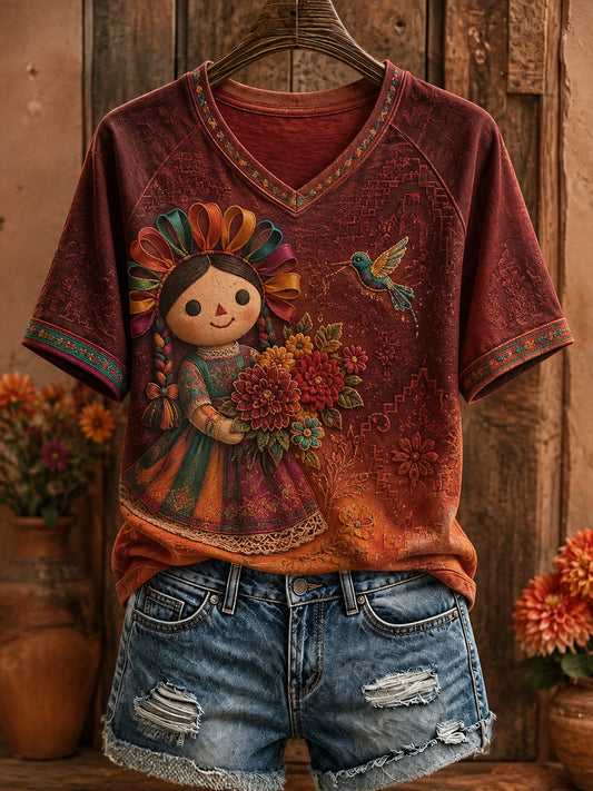 Women's Mexico Lele Doll Art Printed T-shirt