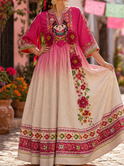 Women's Mexico Lele Doll Floral Art Printed Dress